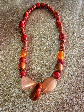 Chunky Red Wooden Bead Statement Necklace Boho Bohemian Jewelry